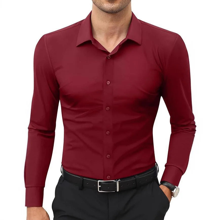 European American Style Mens Solid Color Work Shirt Slim Fit Non Iron Long Sleeve Ice Silk Business Casual Commute Tops