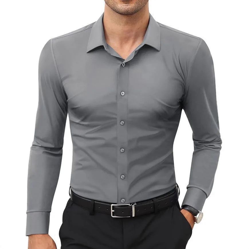 European American Style Mens Solid Color Work Shirt Slim Fit Non Iron Long Sleeve Ice Silk Business Casual Commute Tops