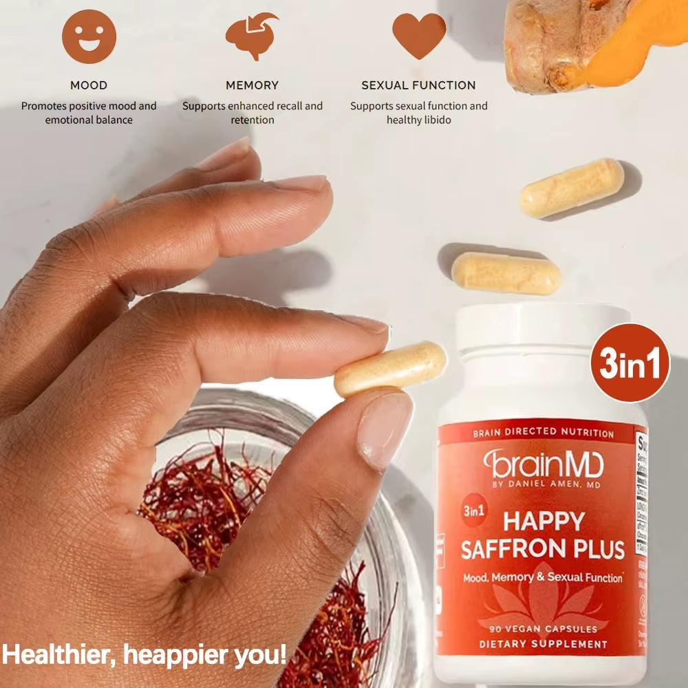 Happy Saffron plus Supplements - Saffron Flower Extract Supplement for Eye Health Support - Mood Enhancer for Men & Women