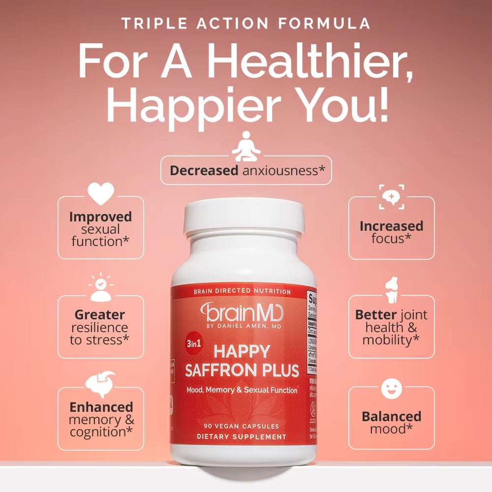 Happy Saffron plus Supplements - Saffron Flower Extract Supplement for Eye Health Support - Mood Enhancer for Men & Women