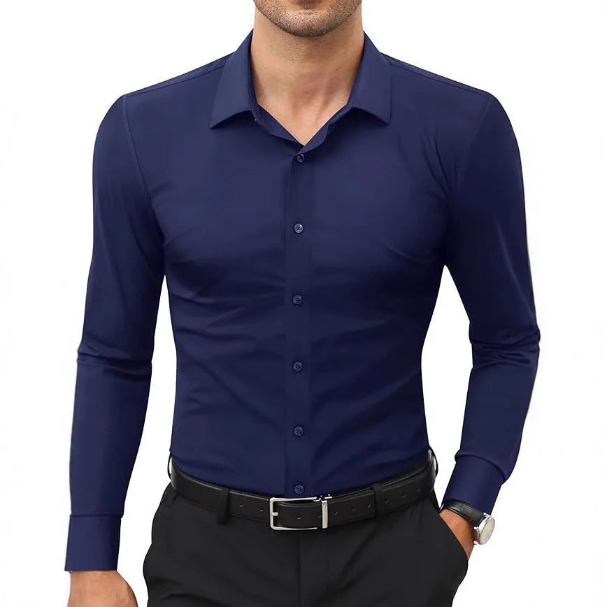 European American Style Mens Solid Color Work Shirt Slim Fit Non Iron Long Sleeve Ice Silk Business Casual Commute Tops