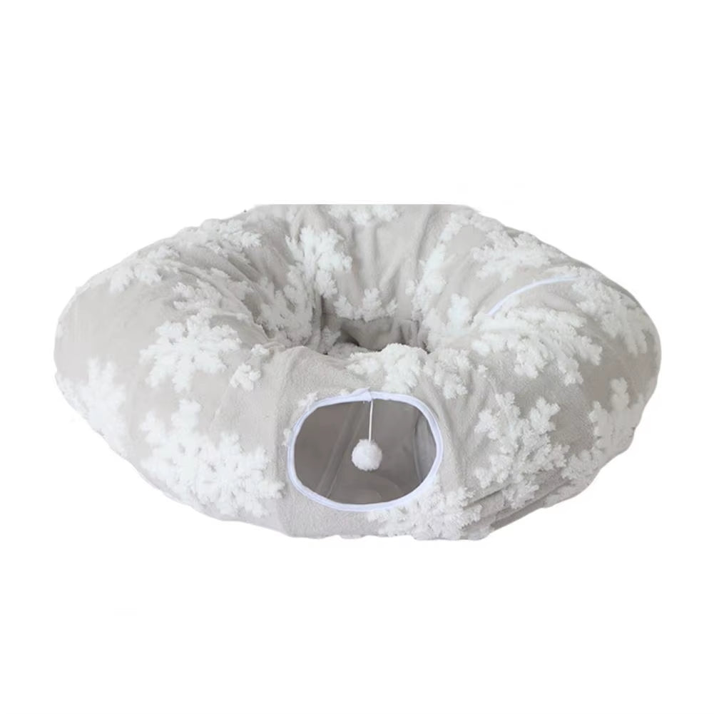 Plush Donut Cat Tunnel Bed – round Play Tunnel with Hanging Balls, Washable Peekaboo Cave for Kittens Small Large Cats