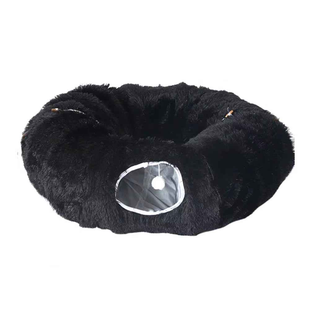 Plush Donut Cat Tunnel Bed – round Play Tunnel with Hanging Balls, Washable Peekaboo Cave for Kittens Small Large Cats