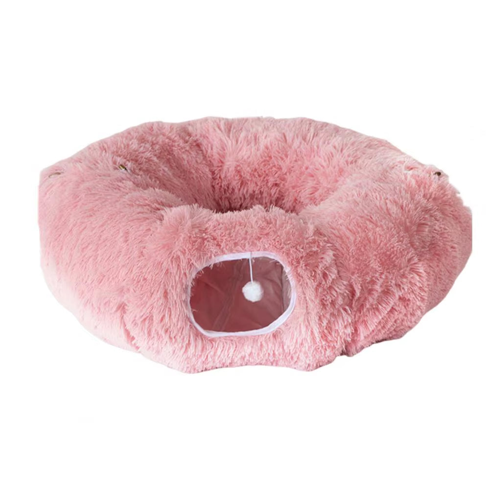 Plush Donut Cat Tunnel Bed – round Play Tunnel with Hanging Balls, Washable Peekaboo Cave for Kittens Small Large Cats