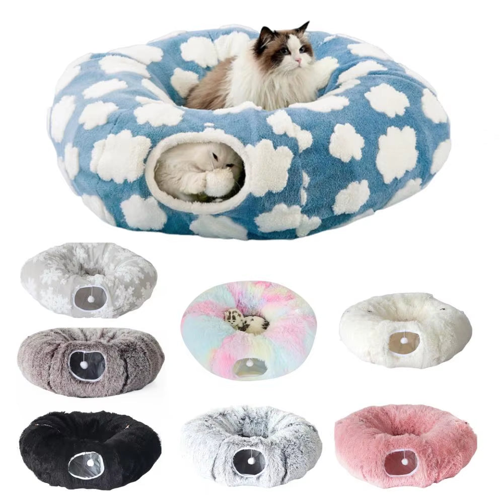Plush Donut Cat Tunnel Bed – round Play Tunnel with Hanging Balls, Washable Peekaboo Cave for Kittens Small Large Cats