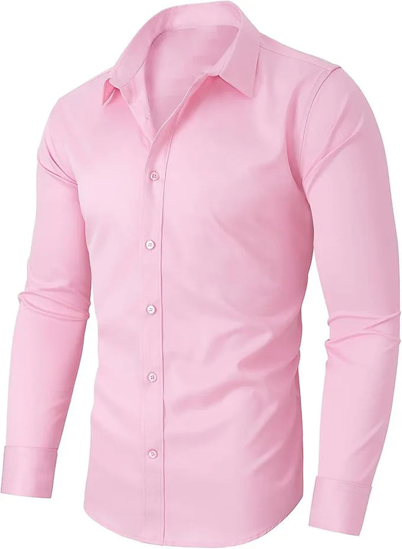 European American Style Mens Solid Color Work Shirt Slim Fit Non Iron Long Sleeve Ice Silk Business Casual Commute Tops