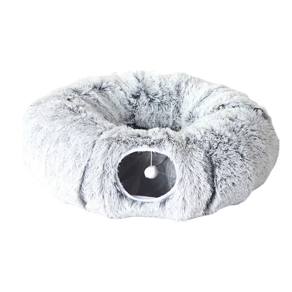 Plush Donut Cat Tunnel Bed – round Play Tunnel with Hanging Balls, Washable Peekaboo Cave for Kittens Small Large Cats