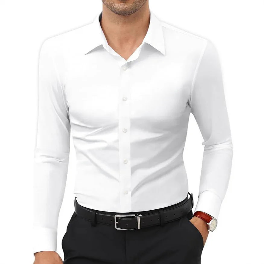 European American Style Mens Solid Color Work Shirt Slim Fit Non Iron Long Sleeve Ice Silk Business Casual Commute Tops