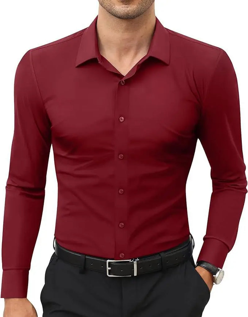 European American Style Mens Solid Color Work Shirt Slim Fit Non Iron Long Sleeve Ice Silk Business Casual Commute Tops