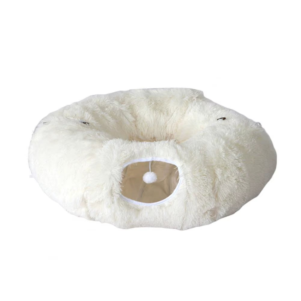 Plush Donut Cat Tunnel Bed – round Play Tunnel with Hanging Balls, Washable Peekaboo Cave for Kittens Small Large Cats