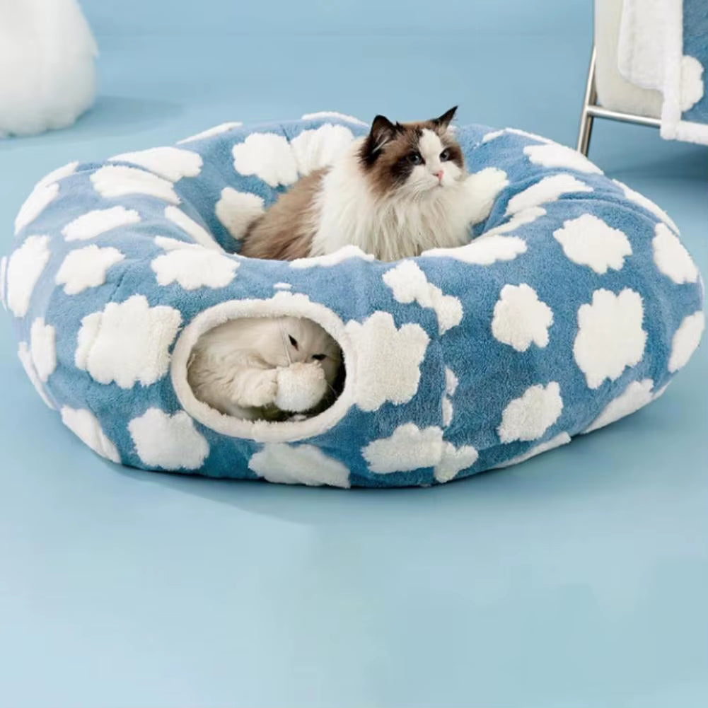 Plush Donut Cat Tunnel Bed – round Play Tunnel with Hanging Balls, Washable Peekaboo Cave for Kittens Small Large Cats
