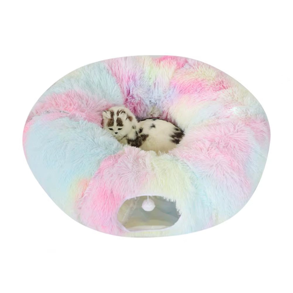 Plush Donut Cat Tunnel Bed – round Play Tunnel with Hanging Balls, Washable Peekaboo Cave for Kittens Small Large Cats