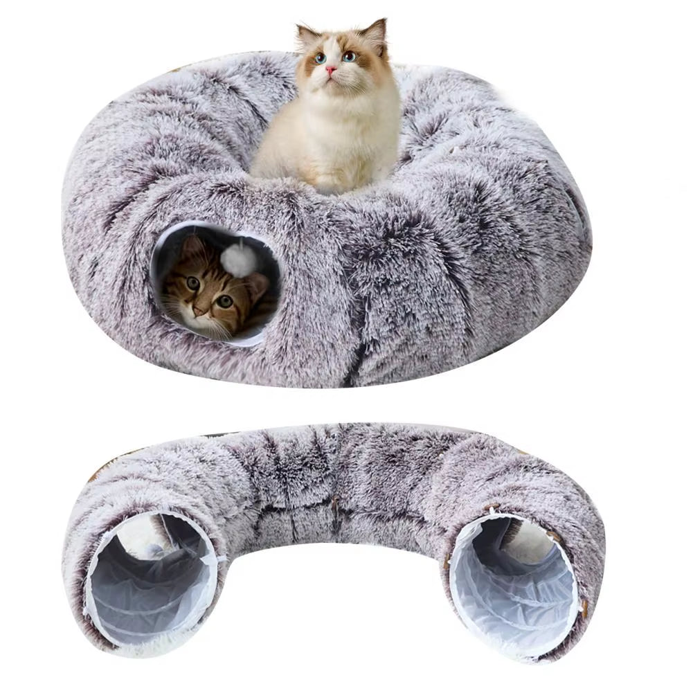 Plush Donut Cat Tunnel Bed – round Play Tunnel with Hanging Balls, Washable Peekaboo Cave for Kittens Small Large Cats