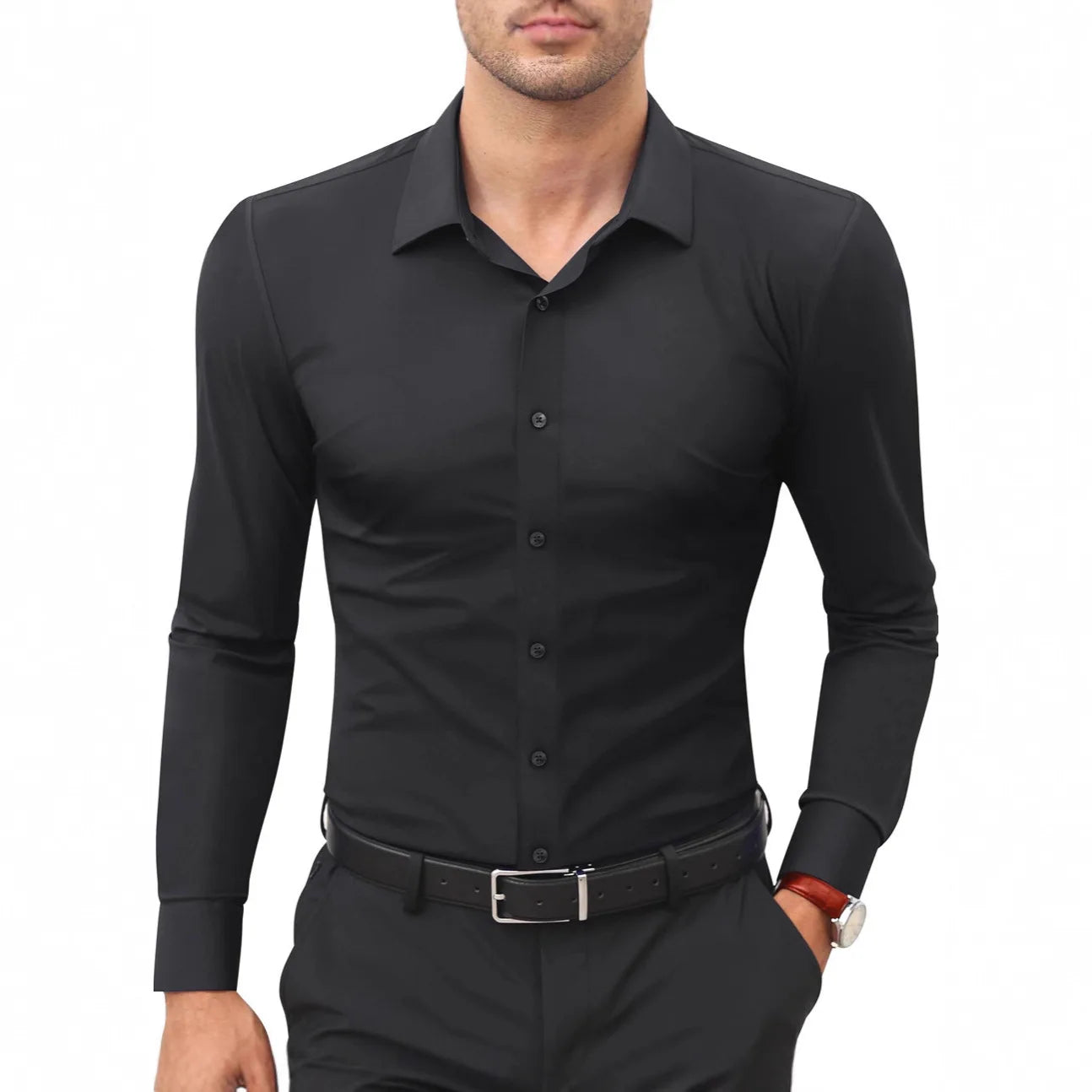 European American Style Mens Solid Color Work Shirt Slim Fit Non Iron Long Sleeve Ice Silk Business Casual Commute Tops