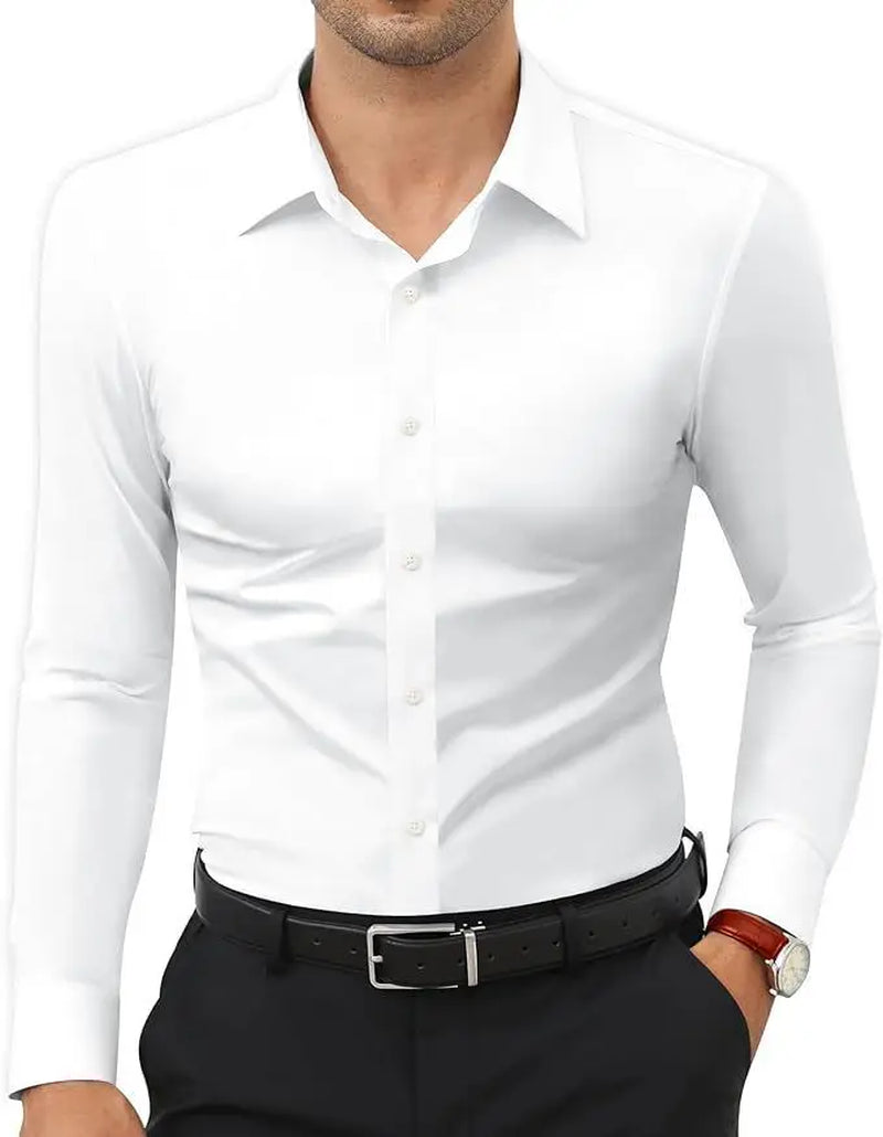 European American Style Mens Solid Color Work Shirt Slim Fit Non Iron Long Sleeve Ice Silk Business Casual Commute Tops