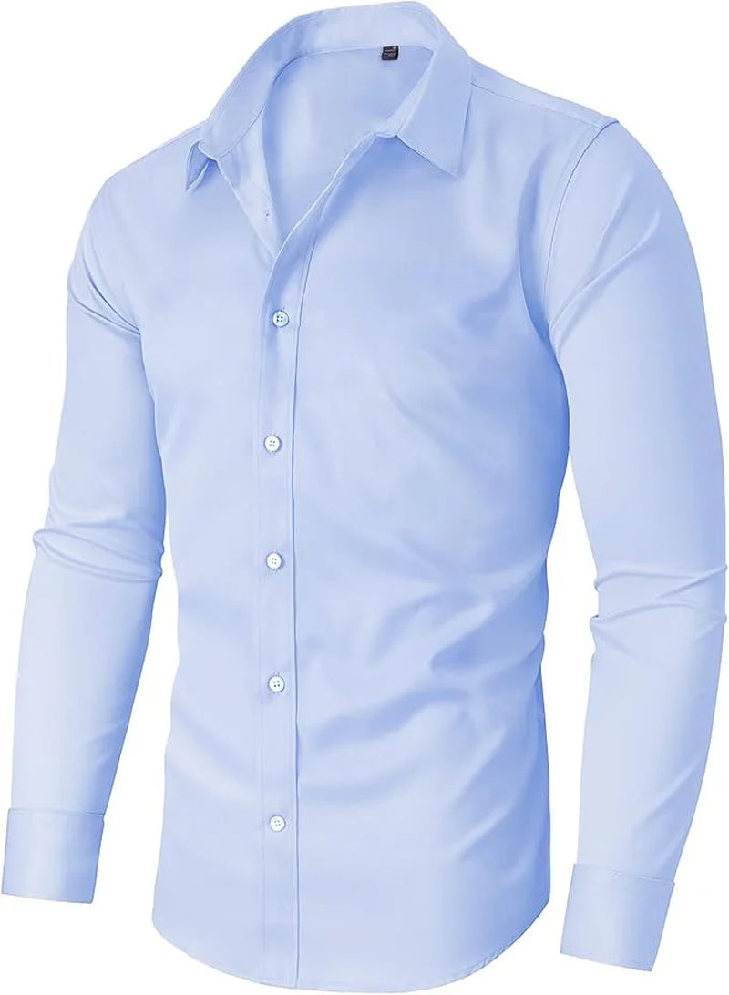 European American Style Mens Solid Color Work Shirt Slim Fit Non Iron Long Sleeve Ice Silk Business Casual Commute Tops