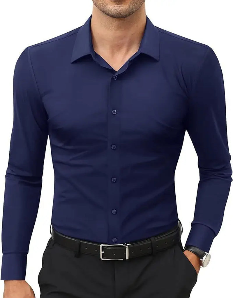 European American Style Mens Solid Color Work Shirt Slim Fit Non Iron Long Sleeve Ice Silk Business Casual Commute Tops